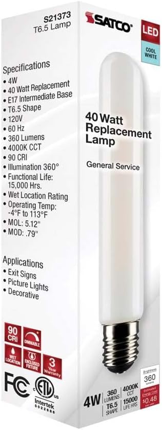 Satco 23173-4T6.5/LED/FR/940/120V/E17 Tubular (S21373) Intermediate Screw Base Exit Light Bulb...