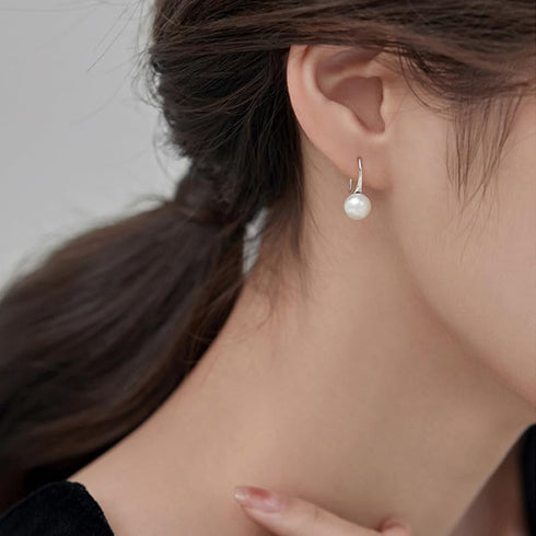 925 Sterling Silver Hoop Handpicked AAA+ Quality 7.5-8mm White Freshwater Cultured Pearl Dangle Drop Earrings Jewelry for Women...