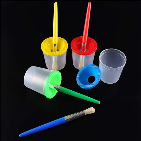 DIYASY 4 Pcs Kids No Spill Paint Cups and 4 Round Paint Brushes 4 Colors Spill Proof Paint Cups for Children’ Art Class and Home....
