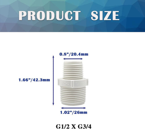 10PCS 1/2" to 3/4" PVC Pipe Fittings Nipple G1/2 X G3/4 Male to Male Thread Coupling Hex Straight Adapter Connector...