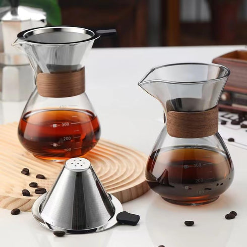Pour Over Coffee Maker with Double Layer Stainless Steel Filter, 13.5oz/400ml Borosilicate Glass Carafe with V60 Reuseable Filter, Wooden Collar C...
