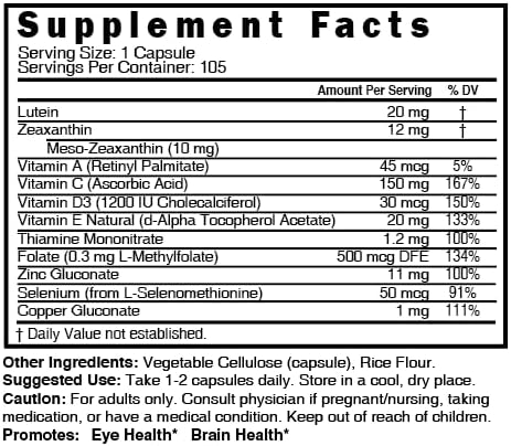 Nutri Lutein 20mg Eye Vitamins Complex - Triple Carotenoid Formula - Lutein and Zeaxanthin Supplements - Contains Zinc, Vitamins A,C,D3,E, Folate ...