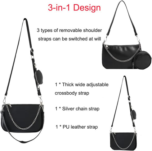 Crossbody Bag for Women Leather Chain Strap Side Shoulder Handbag With Coin Purse Pouch, 3 Removable Shoulder Straps...