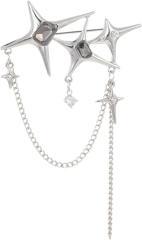 Punk Silver Star Moon Tassel Chain Brooch Collar Pins,Vintage Safety Cubic Zirconia Crystal Chain Tassel Brooch,Brooch Pins Shawl Clips for Women ...
