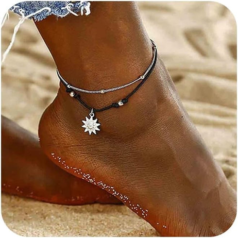 Boho Layered Sun Anklet Bracelet Black Wax Rope Ankle Bracelet Silver Sunflower Dangle Anklets Vintage Black Rope Chain Ankle Bracelet Vintage Foo...