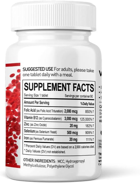 Vital Blood Boost - Dietary Supplement for White and Red Blood Cell Support - Iron with Selenium, Zinc, Vitamin B12 & Folic Acid - 90 Tablets, 90 ...