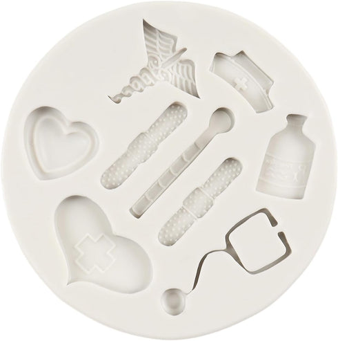 Nurse Theme Fondant Mold Nurse Hat Stethoscope Pill Bottle Bandage Thermometer Medical Silicone Molds for Cake Decoration Cupcake Topper Candy Cho...