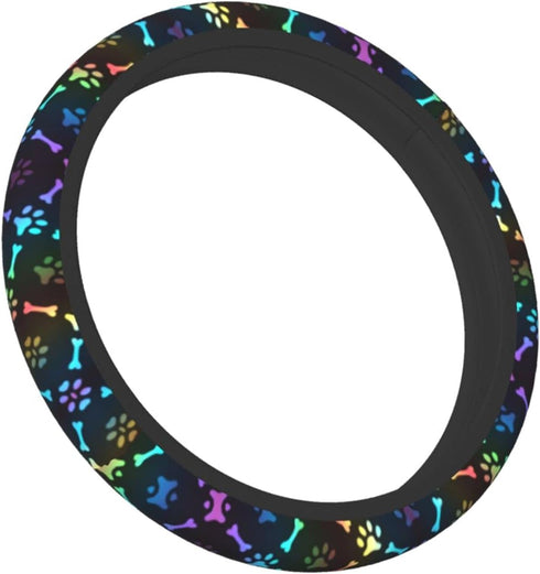 Black Rainbow Dog Paw Print Steering Wheel Cover Colorful Cute Bones Stearing Wheeler Covers Cooling Sterringwheelcovers Cool Girl Stering Coverin...