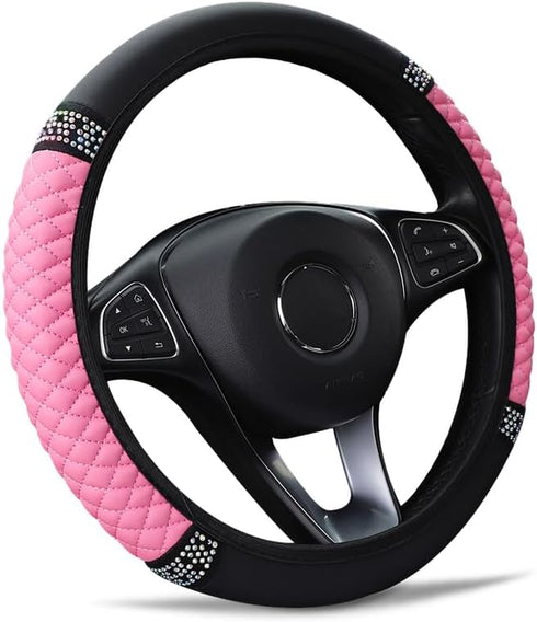 Diamond Leather Steering Wheel Cover for Women Girls, with Bling Bling Crystal Rhinestones, Universal Fit 15 Inch Car Steering Wheel Protector (Pi...