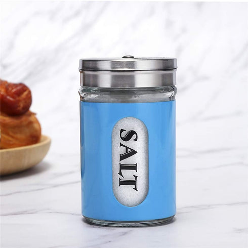 Salt and Pepper Shakers Stainless Steel and Glass Set with Adjustable Pour Holes (Blue)...