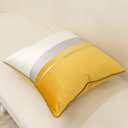 Avigers 18 x 18 Inches Yellow White Gold Leather Striped Patchwork Velvet Cushion Case Luxury Modern Throw Pillow Cover Decorative Pillow for Couc...