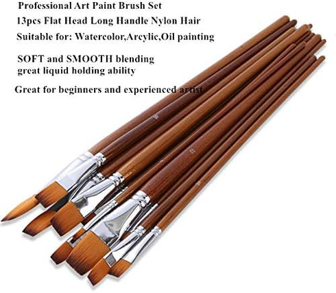 Paint Brushes Nylon Hair 13pcs Flat Head Long Handle Acrylic Paint Brush Set for Canvas Painting Oil Paint Professional Painting Kits (Flat 13pcs ...