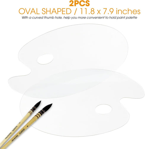 Acrylic Paint Palette 2pcs 11.8 x 7.9 inches with Thumb Hole by DUGATO, Clear Oval-Shaped Non-Stick Acrylic Oil Paint Mixing Tray- Comfortable to ...