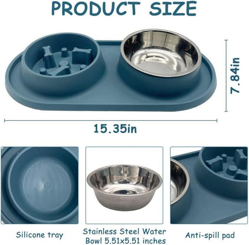 BNOSDM Slow Feeder Dog Bowls Double Puppy Slow Feeder No Spill Non-Skid Silicone Mat Dry Food Slow Eating Bowl Removable Stainless Steel Pet Bowls...