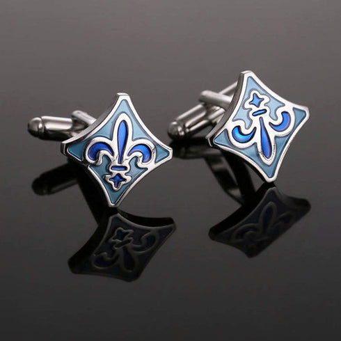 Blue Fleur de lis cufflinks Shield Shape Blue cuff links for men...