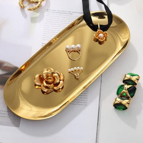 Gold Tray 2 Pack, Stainless Steel Decorative Gold Tray for Bathroom, Jewelry Tray Storage Towel Key Vanity Tray Ring Dish Cosmetics Organizer, for...