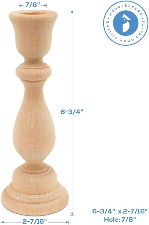 Unfinished Wood Candlestick Holders 6-3/4 inches with 7/8 inch Hole, Set of 2 Classic Craft Candlesticks to Paint or Decorate, by Woodpeckers...