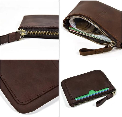 Genuine Leather Coin Purse Pouch for Women Men Vintage Cowhide Grain Leather Slim Mini Wallet Metal Zipper with Real Leather handle (Dark Brown)...