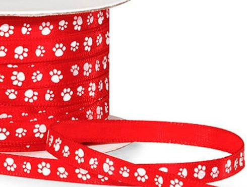 Single Faced Satin Paw Print Ribbon 1/4" Red with White Paw Print - 50 Yard Roll...