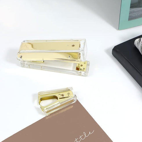 Clear Acrylic Body Bright Yellow Gold Tone Office Stapler N Staples Remover Set Desktop Executive Stapling Tool...