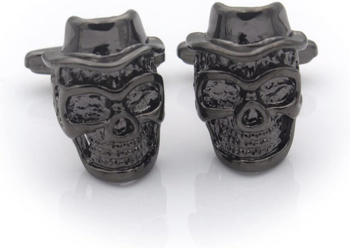 Mens Gun Black Vintage Skull Head with Hat Cross Bones Cufflinks for Wedding Business Cuff Links...