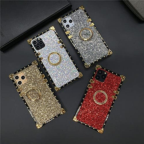 for iPhone 12 Pro Max 6.7" Bling Case Luxury Box Trunk Design Glitter Cute Gold Corner Soft TPU Cover with Ring Kickstand Holder Phone Skin,Gray...