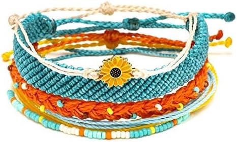 SUNSH 5PCS Boho Woven Sunflower Bracelets for Women Couple Handmade Wrap Rope Charm Beach Surf Braided Adjustable Strings Boyfriend Girlfriend Mot...