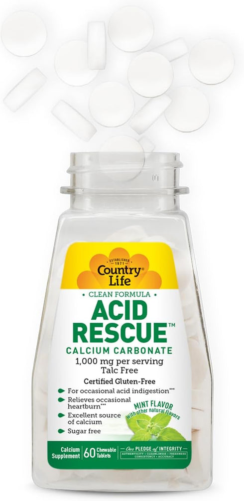 Country Life Acid Rescue Chewable Tablets - Certified Vegan & Gluten-Free Heartburn Relief, 400mg Calcium & Magnesium, Non-GMO, Sugar-Free Mint Fl...