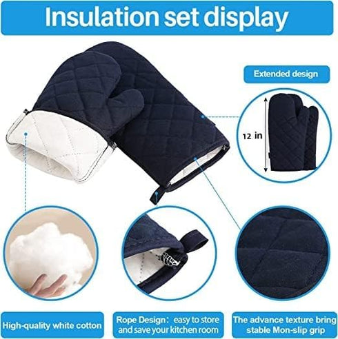 Oven Mitts and Pot Holders 4 pcs Set,High Heat Resistant 500 Degree Extra Thicken Long Kitchen Cotton Oven Glove for Cooking (12 Inch,Deep Blue)...