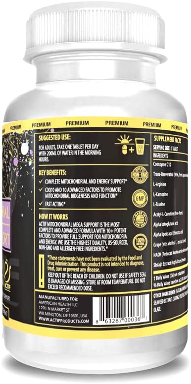 Actif Mitochondrial Mega Support with 10+ Advanced Factors - Non GMO, Fast Acting, Mitochondria and Energy Support, Made in USA, 60 Count...