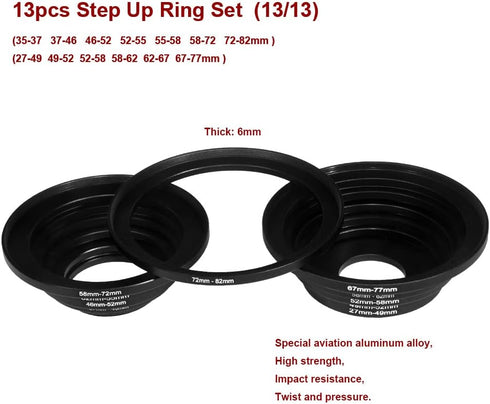 13 Pieces Filter Ring Adapter Set, Camera Lens Filter Metal Stepping Rings Kit (Includes 7+6 pcs Step Up Ring Se) Black......