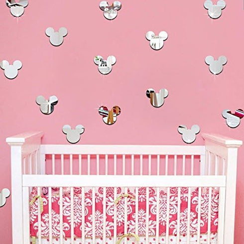 20PCS Cartoon Mickey Mouse Head Mirror Wall Sticker Baby Nursery Cute Animal Wall Decal Children Room (Silver Mirror, Acrylic Mirror Material)...