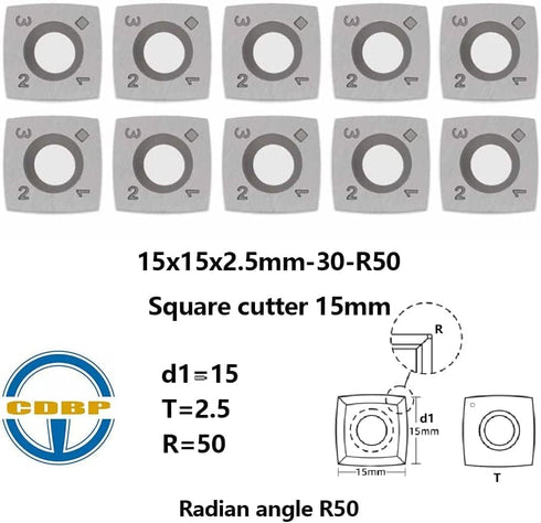 15mm Square with 2"Radius Carbide Inserts Cutters 15×15×2.5mm-R50 Replacement for Woodworking Fits Spiral, Helical Planer Cutter, Lathe, Turning T...