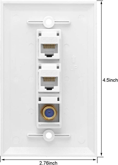 Ethernet Coax Wall Plate, 2 Port Cat 6 RJ45 Keystone and 1 Port TV Coax F Type Keystone Wall Plate...