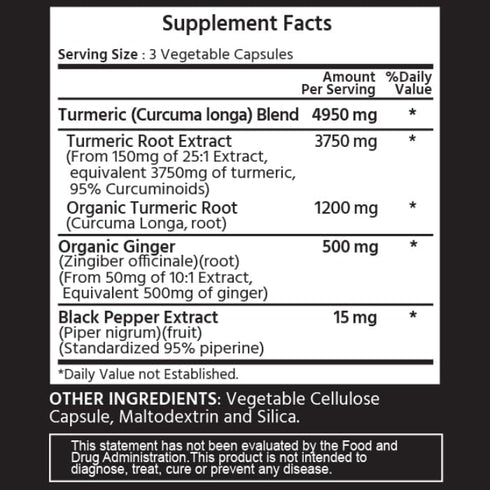 Extra Strength Turmeric Curcumin 4950 mg 120 Vegetable Capsules, 95% Curcuminoids, with Black Pepper & Ginger. Enhanced Absorption, Joint Support,...