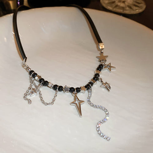 Leather Tassel Rhinestone Necklace Five-pointed Star Pendant Necklace Black Leather Punk Choker Necklace Halloween Jewelry for Women...