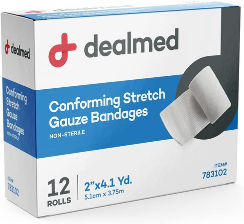 Dealmed 2" Non-Sterile Conforming Stretch Gauze Bandages, 4.1 Yards Latex Free Stretched Dressing Wrap, Medical Non-Adherent Wound Care Mesh Banda...