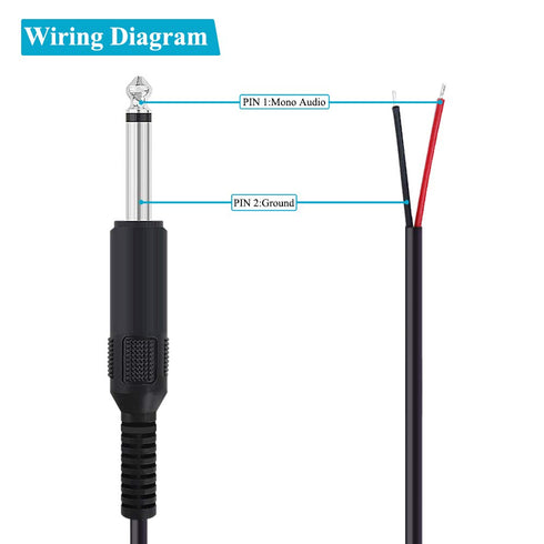 Fancasee (6 ft Replacement 6.35mm Male Plug to Bare Wire Open End TS 2 Pole Mono 1/4" 6.35mm Plug Jack Connector Audio Cable for Microphone Speake...