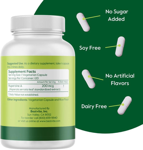 BESTVITE Huperzine A 200mcg from Naturally Derived Huperzia Serrata (120 Vegetarian Capsules) - No Stearates - No Flow Agents - Vegan - Non GMO - ...