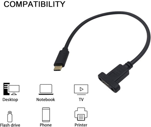 Poyiccot USB 3.1 Type C Extension Cable, USB C Extension Cable Short, USB C Panel Mount 10Gbps 60W USB C Extender Cable for Data & Sync (Straight ...