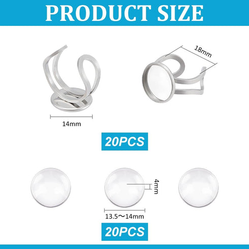 UNICRAFTALE 20 Sets DIY Blank Dome Finger Rings Stainless Steel Open Cuff Ring Making Kit Adjustable Ring Blanks 14mm Base Ring Bezel Tray with Gl...