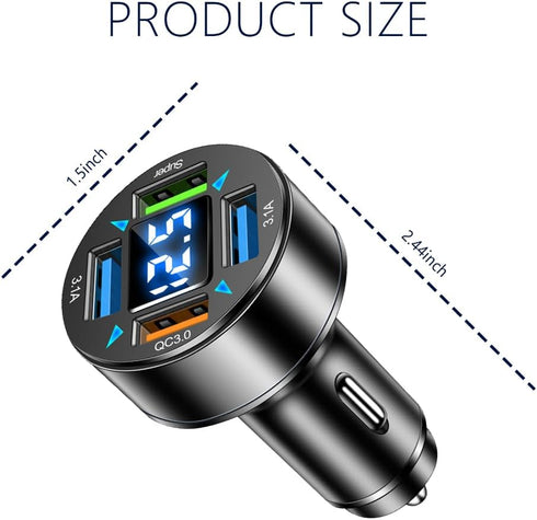 Car Charger,4 Ports Super Fast Car Charger Adapter with Voltmeter,QC3.0/Super Port Cigarette Lighter USB Charger Compatible with Samsung Galaxy S2...