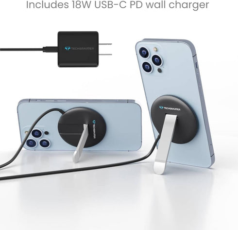 Techsmarter Magnetic Wireless Charging Pad and Stand with 18W USB-C PD Wall Charger. Compatible with iPhone 12, 13, 14...