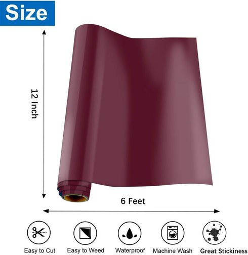KISSWILL Heat Transfer Vinyl Maroon, 12 Inch X 6 Feet PU Maroon HTV Heat Press Vinyl for T-Shirts, Iron on Vinyl Rolls Compatible with Silhouette ...