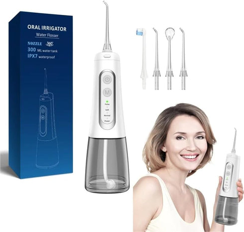 Water Dental flosser Cordless for Teeth Cleaning Mode Oral irrigator 300ML Braces, rechargeble Portable IPX7 Waterproof, White...