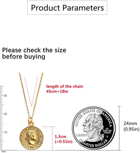 Dtja Carved Gold Coin Pendant Necklace for Women Girls 925 Sterling Silver 18K Gold Plated Simple Round Chain Goddess Worship Celebrity Medal Reve...