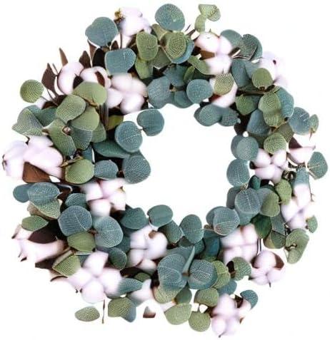 Idyllic Eucalyptus and Cotton Wreath, 14 Inches Artificial Wreath on a Natural Twig Base for Farmhouse, Garden, Wedding, Decor...