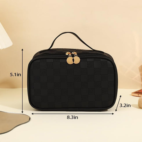 Travel Makeup Bag for Women, PU Leather Waterproof Checkered Cosmetic Bags, Portable Pouch Open Toiletry Bag, Make up Organizer with Handle, Black...