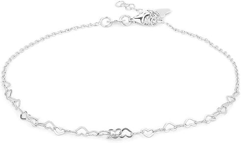 Sterling Silver Jewelry - Rhodium Plated 925 Stamp - Interlinked Multi Open Heart Anklet - Stylish Beautifully Designed for Women - 9" Long + 1" E...