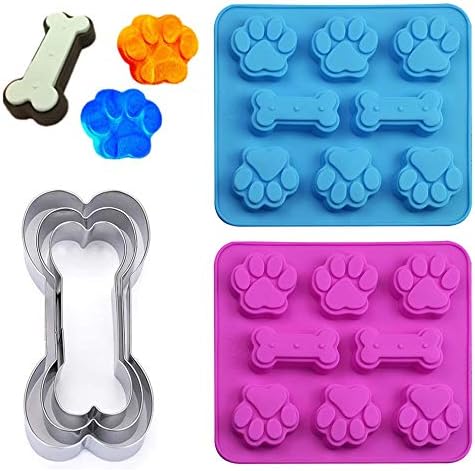 Set of 5, Silicone Molds Puppy Dog Paw & Bone Shaped 2 in 1 and Stainless Steel Bone Cookie Cutter,for Homemade Treats and Cat Animal Paw Ice Cand...